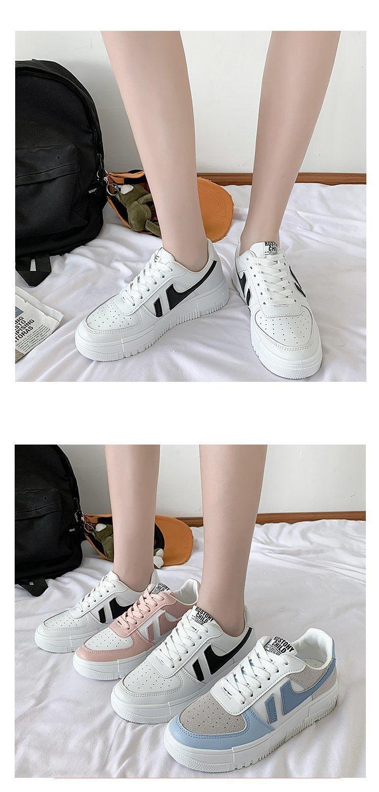 Women's White Casual Lace-Up Sneakers, Breathable Platform Shoes