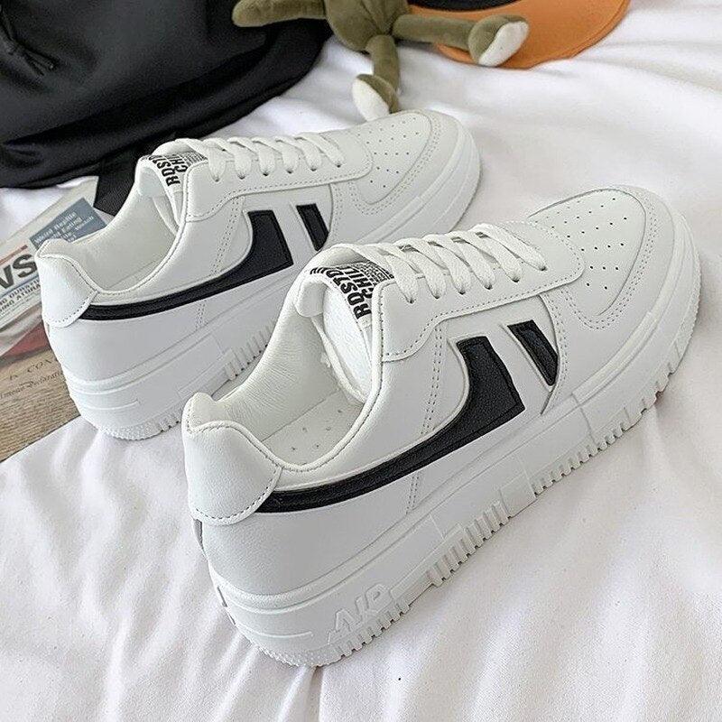 Women's White Casual Lace-Up Sneakers, Breathable Platform Shoes