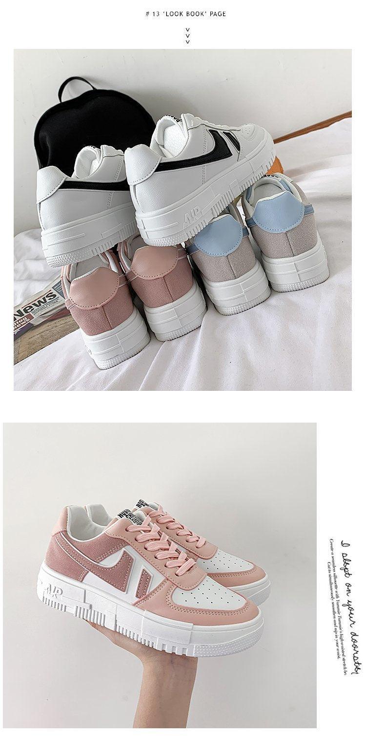Women's White Casual Lace-Up Sneakers, Breathable Platform Shoes