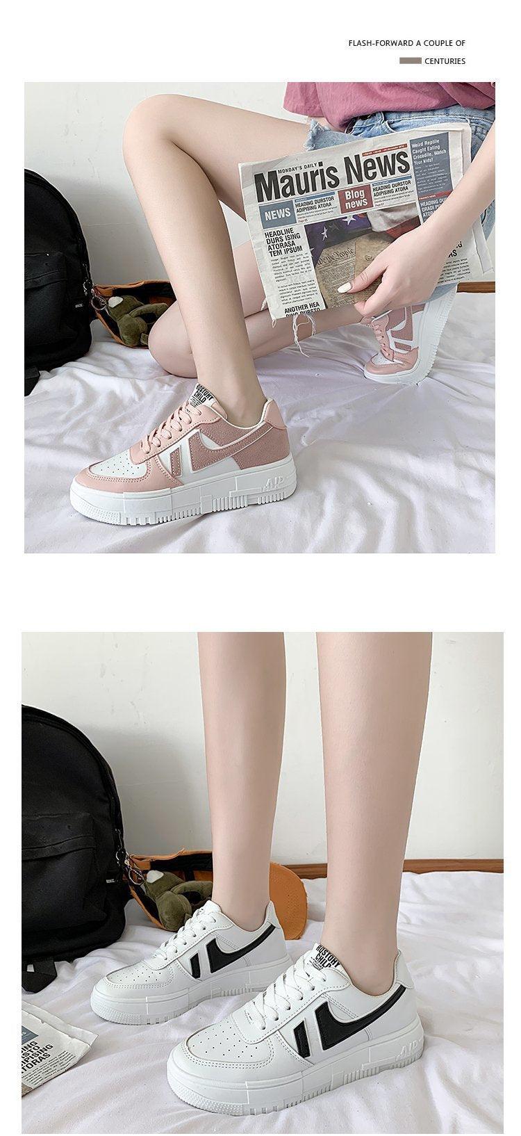 Women's White Casual Lace-Up Sneakers, Breathable Platform Shoes