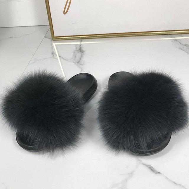 Women’s Fluffy Faux Fur Slides Open Toe Indoor House Slippers