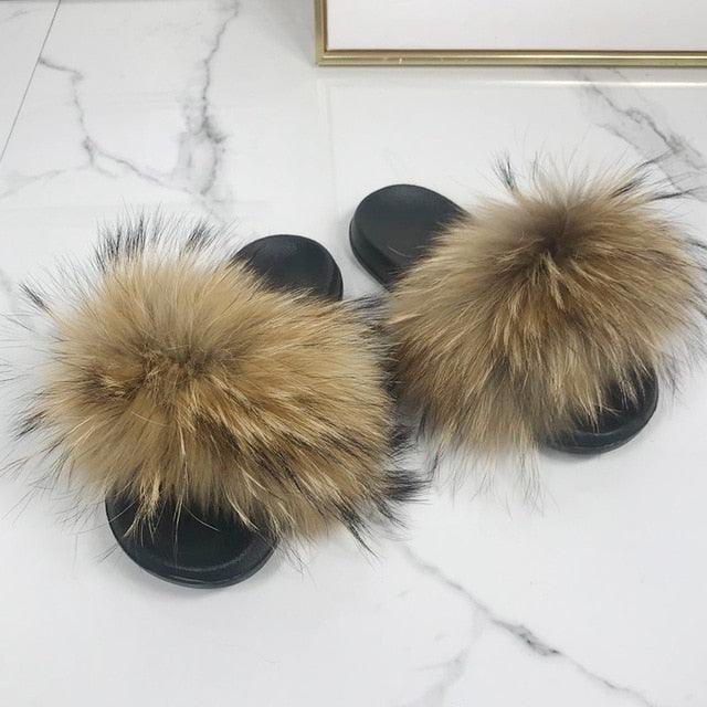 Women’s Fluffy Faux Fur Slides Open Toe Indoor House Slippers