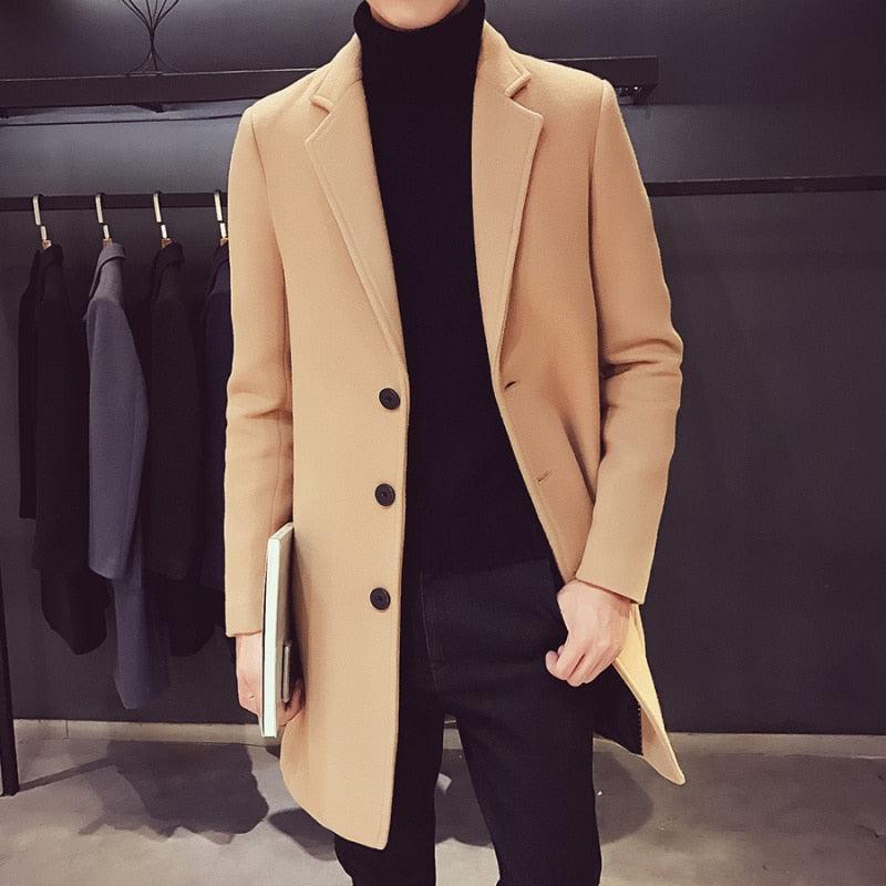 Stevvex men's luxury cotton long trench coat in a solid color professional business style