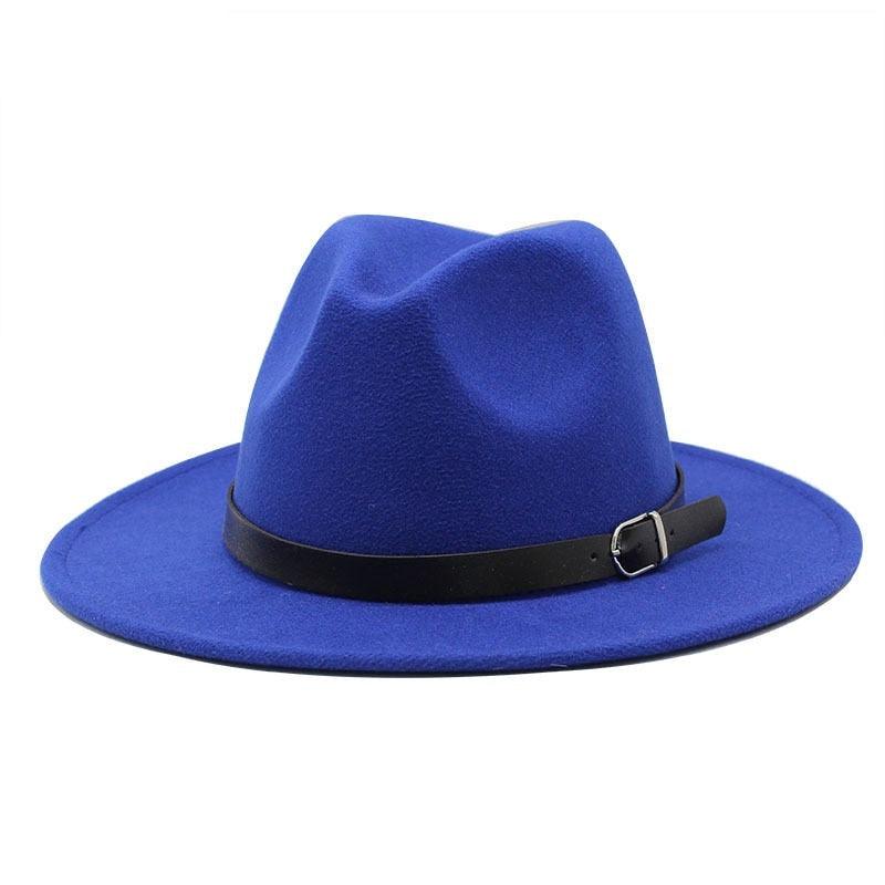 A stylish blue unisex wide brim fedora hat with a decorative belt buckle.