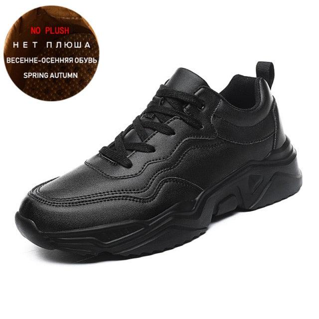 Men's Black Plush Lined Winter Sneakers - Leather Casual Trainers