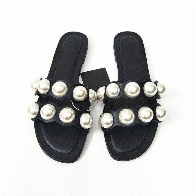 Women's Pearl Embellished Flat Sandals – Casual Beach Slide Shoes