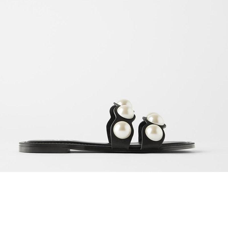 Women's Pearl Embellished Flat Sandals – Casual Beach Slide Shoes