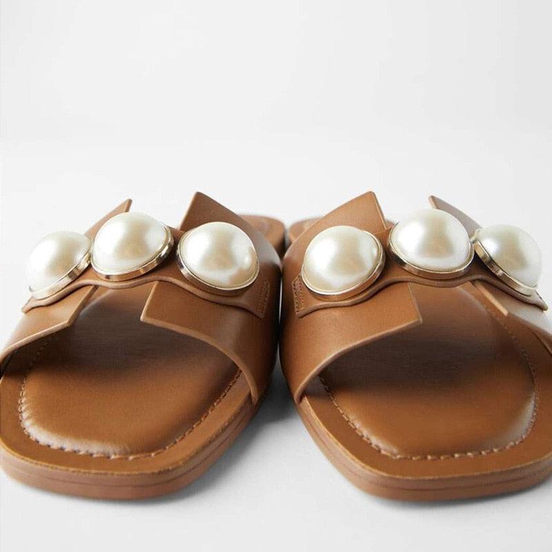 Women's Pearl Embellished Flat Sandals – Casual Beach Slide Shoes