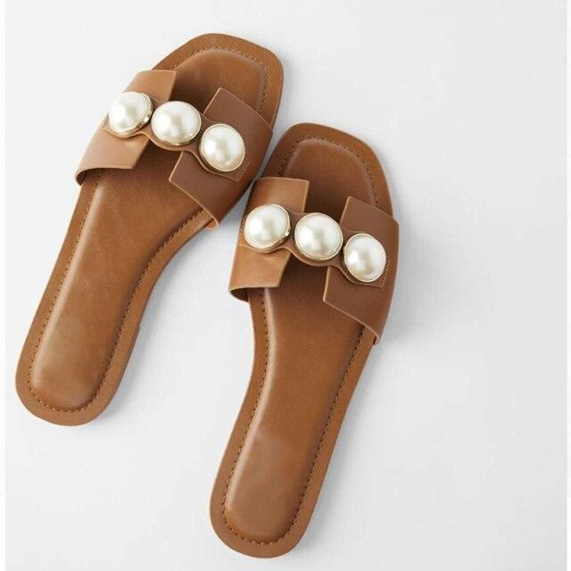 Women's Pearl Embellished Flat Sandals – Casual Beach Slide Shoes