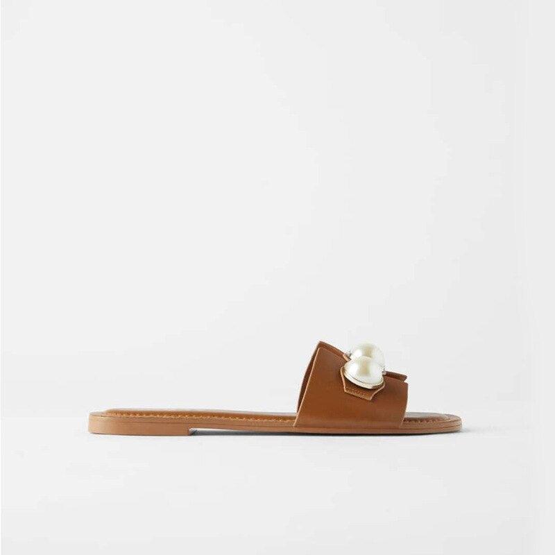 Women's Pearl Embellished Flat Sandals – Casual Beach Slide Shoes