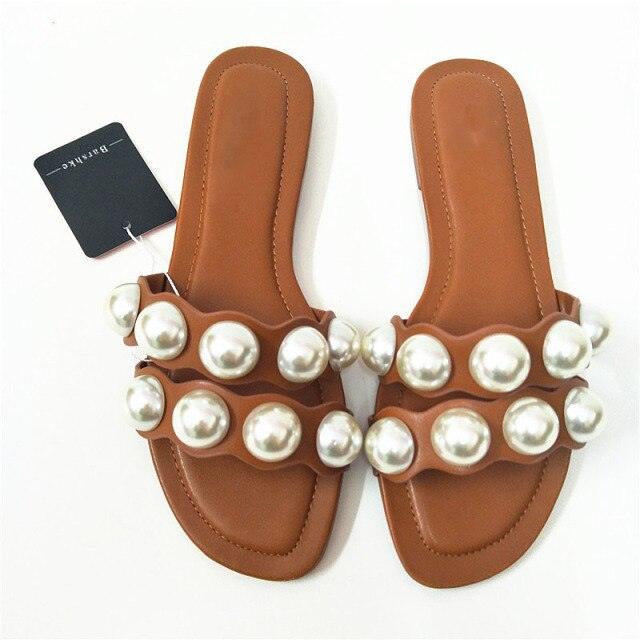Women's Pearl Embellished Flat Sandals – Casual Beach Slide Shoes