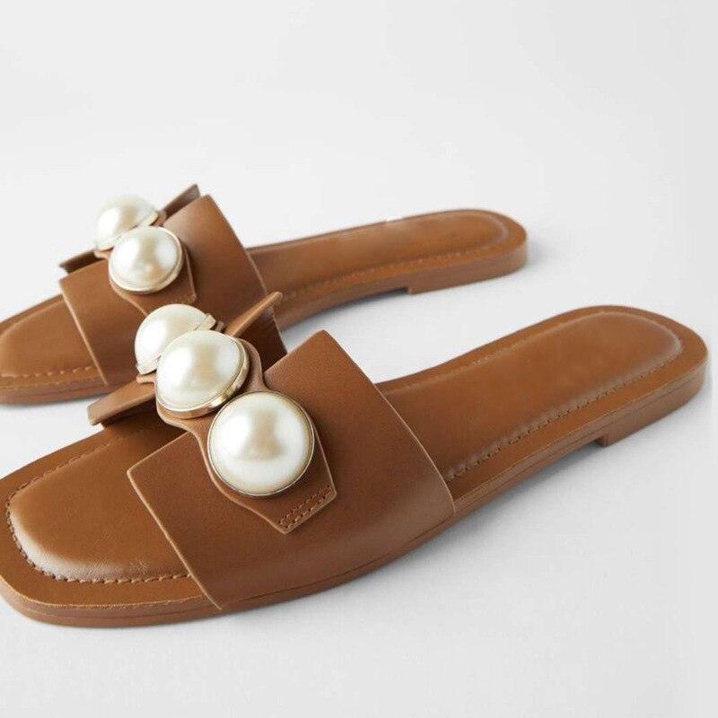 Women's Pearl Embellished Flat Sandals – Casual Beach Slide Shoes