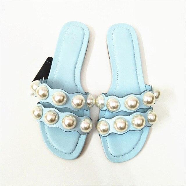 Women's Pearl Embellished Flat Sandals – Casual Beach Slide Shoes