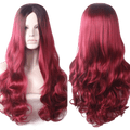 Long Wavy Synthetic Wig Ombré Dark Brown to Vibrant Red Fashion