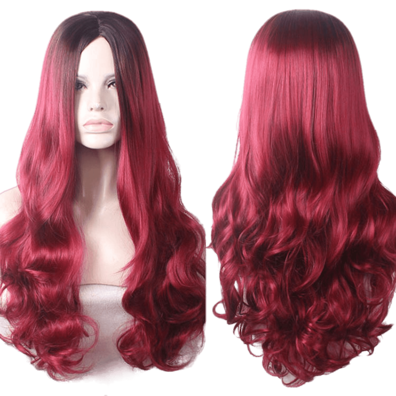 Long Wavy Synthetic Wig Ombré Dark Brown to Vibrant Red Fashion