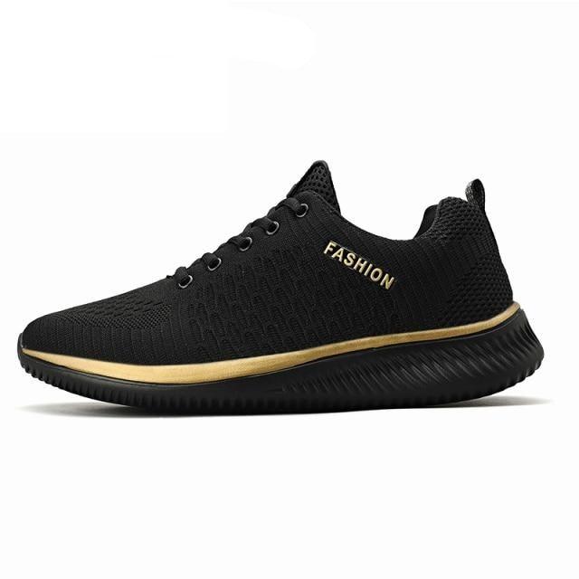 Men's lightweight knit slip-on athletic sneakers available in black, red, green, and gold.
