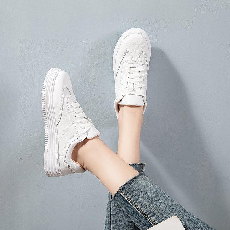 Women's White Split Leather Lace Up Casual Sneakers Fashion Flats