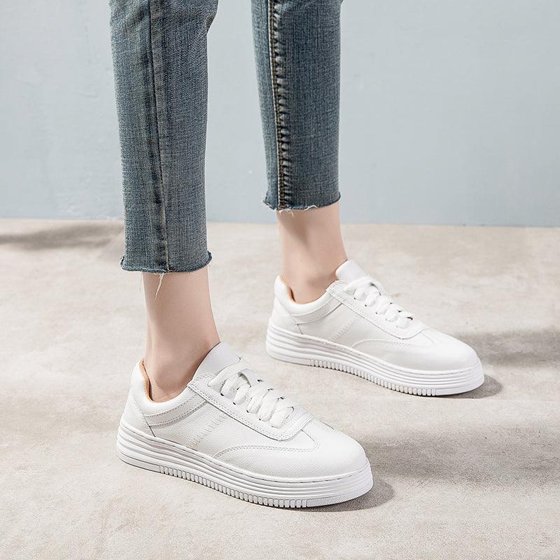 Women's White Split Leather Lace Up Casual Sneakers Fashion Flats