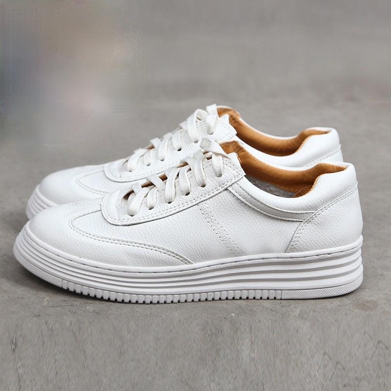 Stevvex women's white split leather lace-up casual fashion sneakers