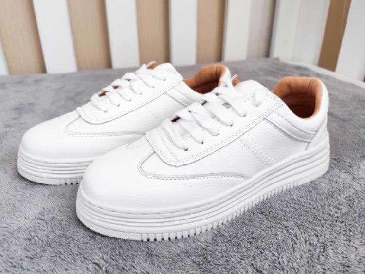Women's White Split Leather Lace Up Casual Sneakers Fashion Flats