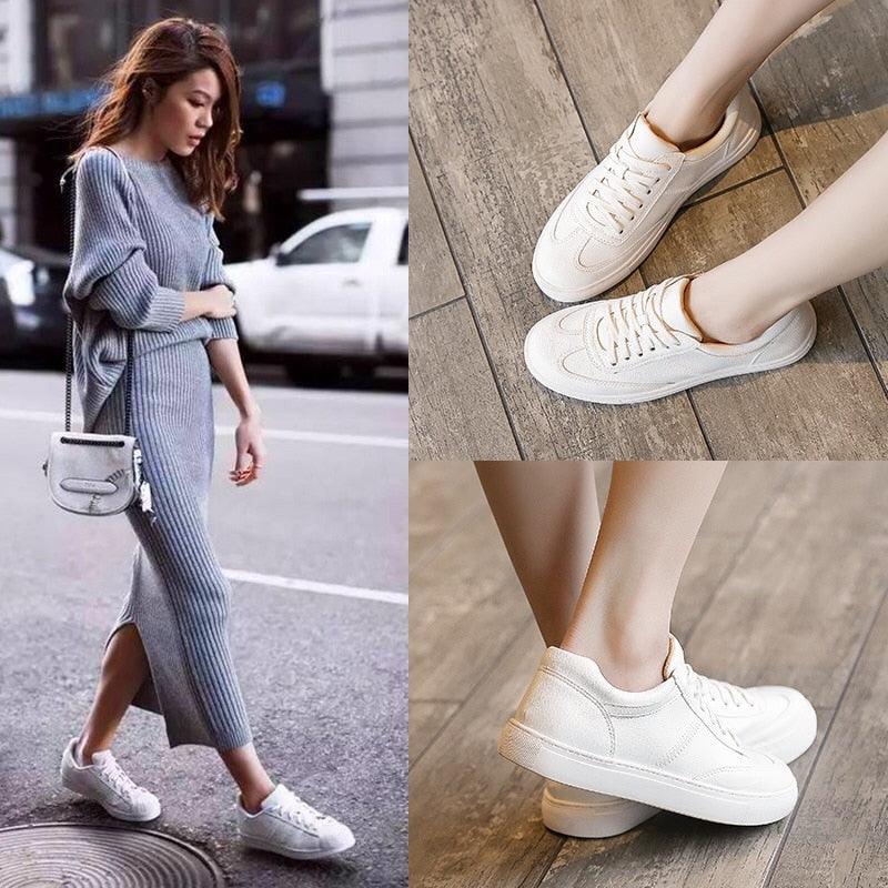 Women's White Split Leather Lace Up Casual Sneakers Fashion Flats