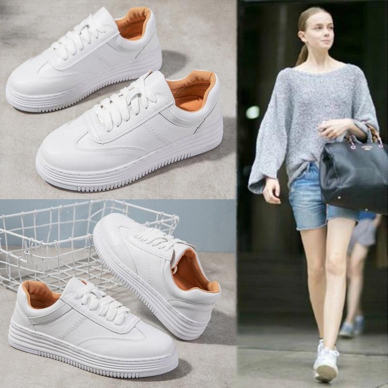 Women's White Split Leather Lace Up Casual Sneakers Fashion Flats
