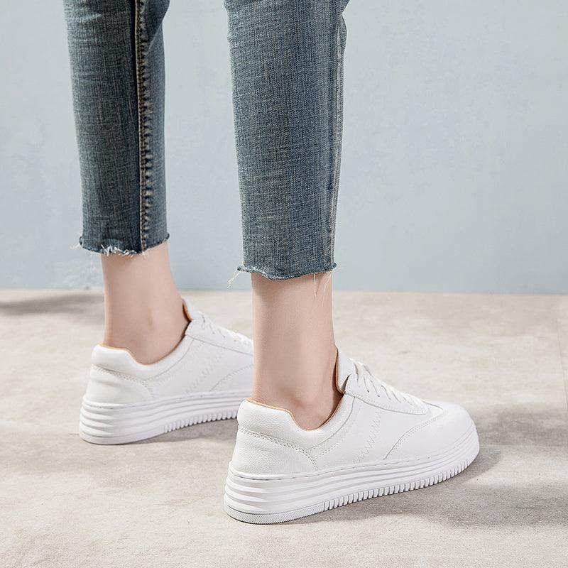 Women's White Split Leather Lace Up Casual Sneakers Fashion Flats