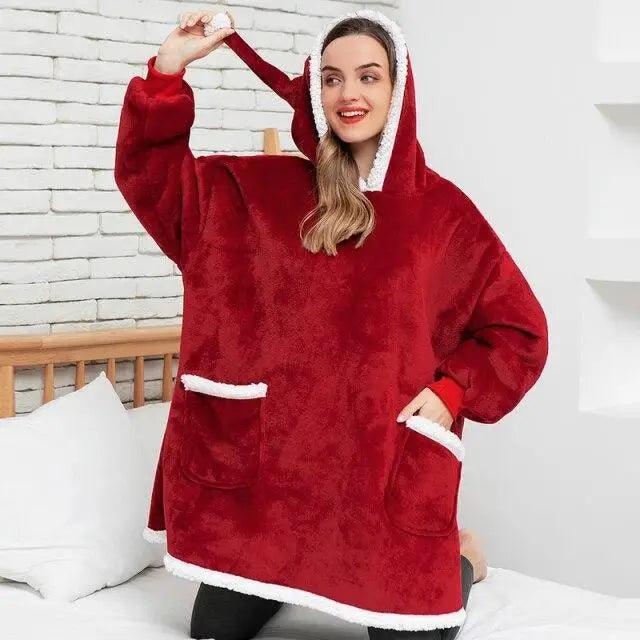Oversized Flannel Wearable Blanket Hoodie with Sleeves for Winter
