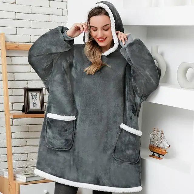 Oversized Flannel Wearable Blanket Hoodie with Sleeves for Winter