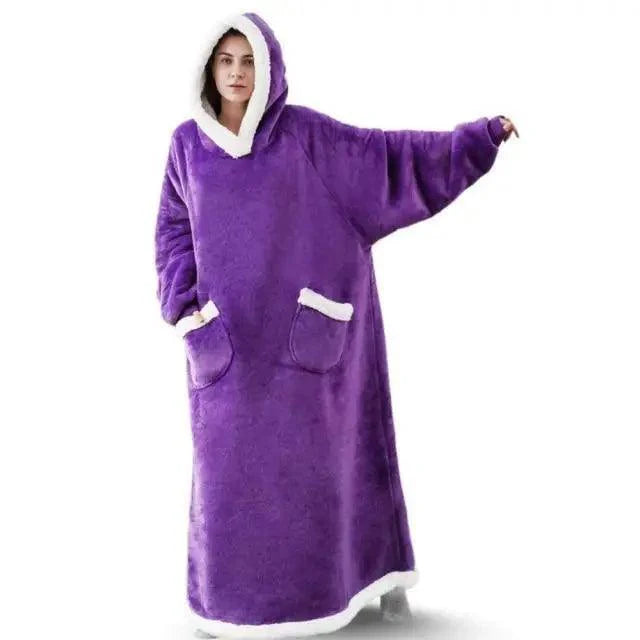 Oversized Flannel Wearable Blanket Hoodie with Sleeves for Winter