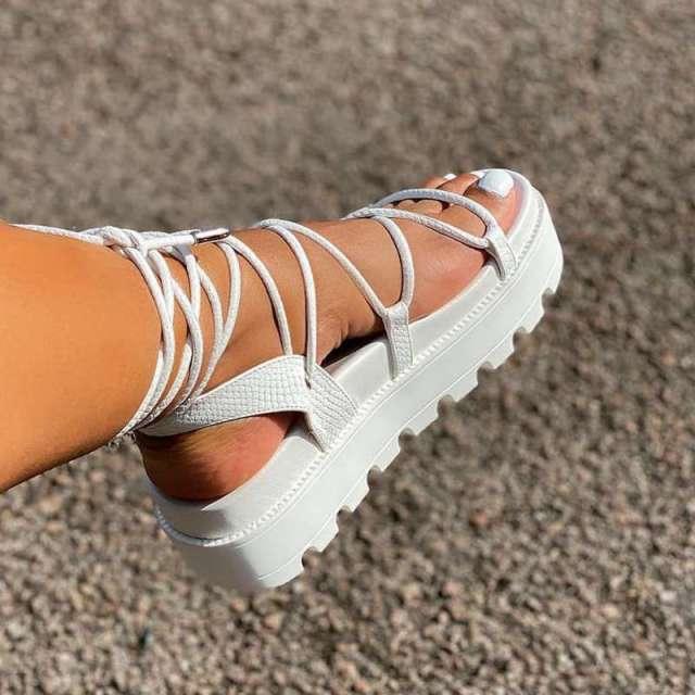 Women's White Lace-Up Platform Sandals with Cross Straps