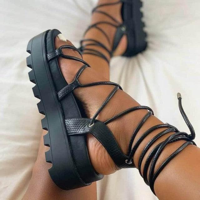 Women's White Lace-Up Platform Sandals with Cross Straps