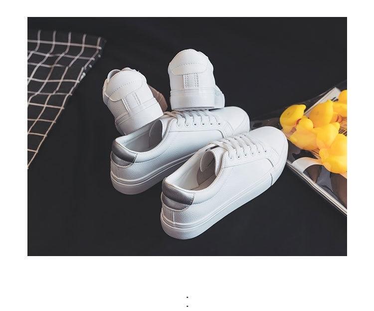 Women's Classic White Vulcanized Leather Sneakers - Low Top Casual