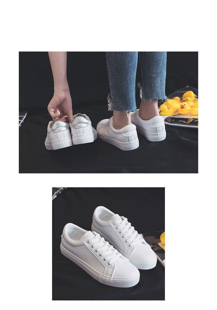Women's Classic White Vulcanized Leather Sneakers - Low Top Casual