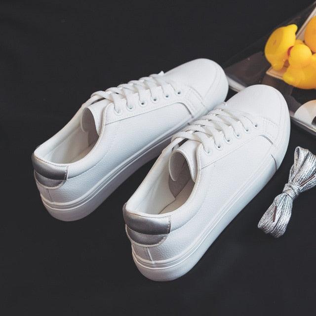 Women's Classic White Vulcanized Leather Sneakers - Low Top Casual