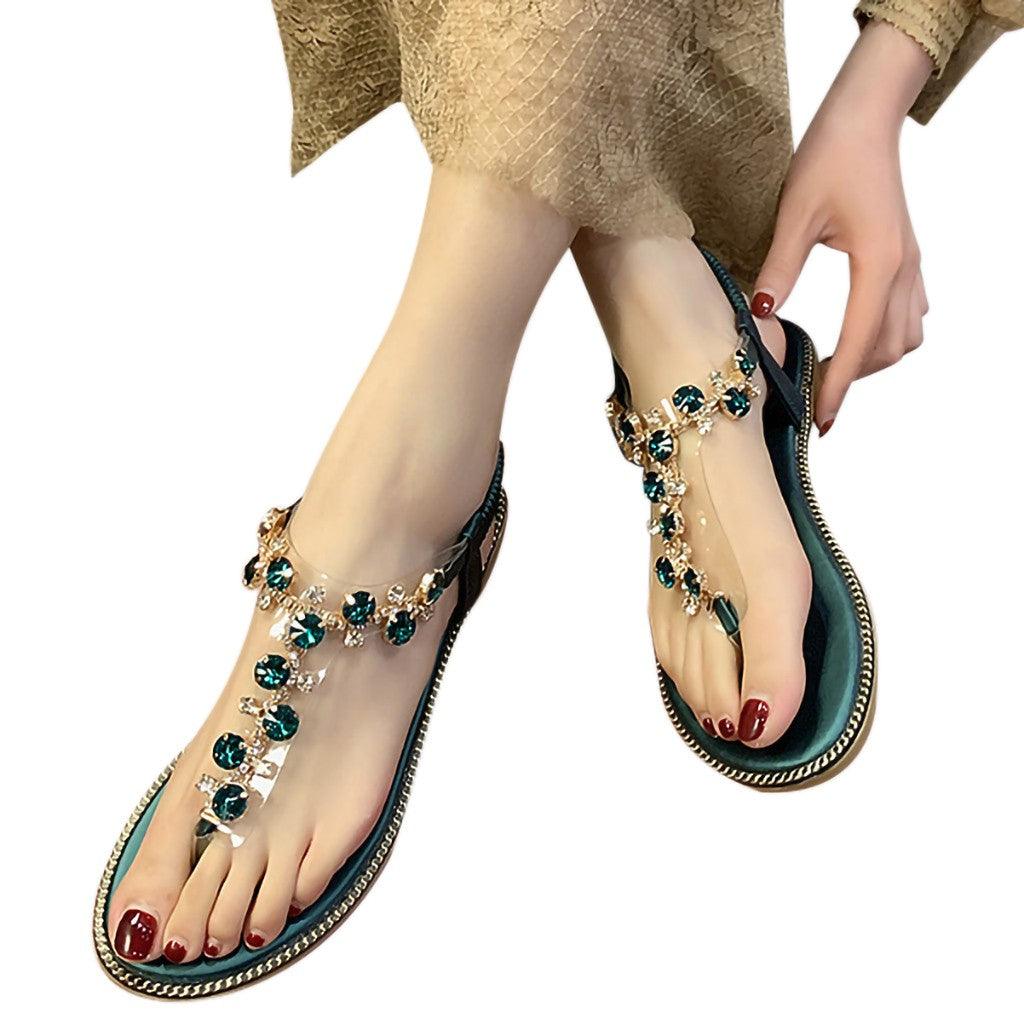 Women's Rhinestone Platform Beach Sandals - Glamorous Boho Flat Shoes