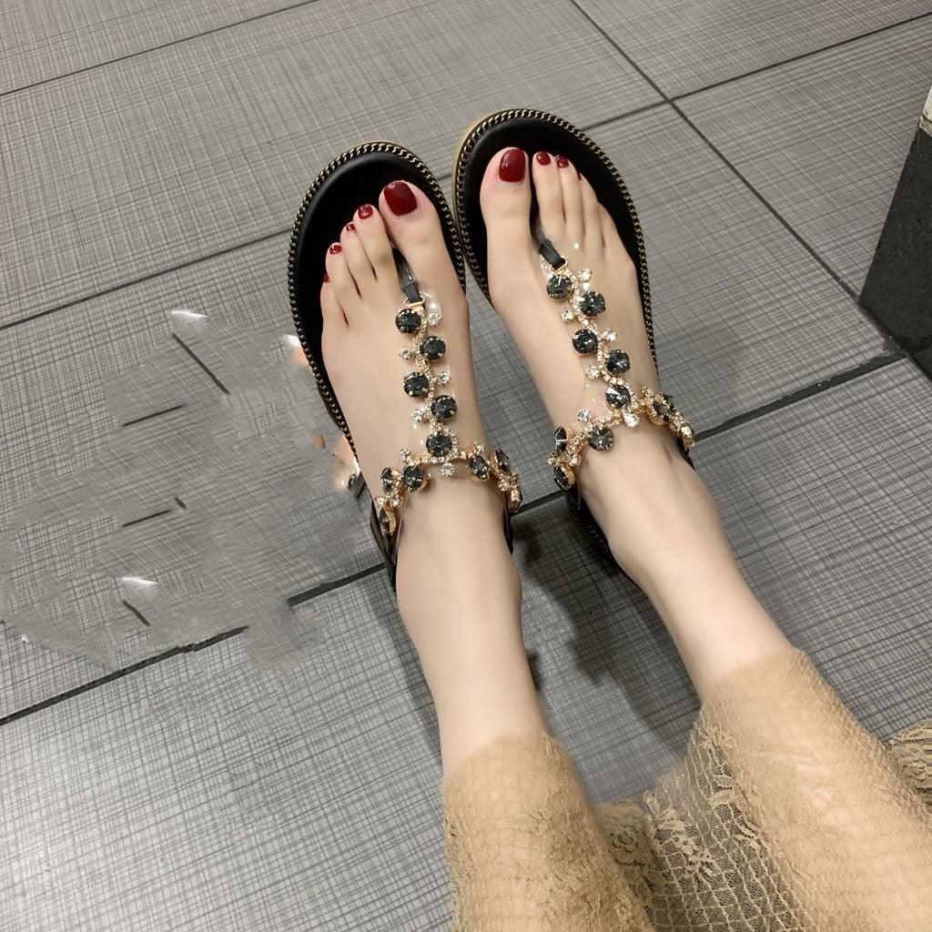 Women's Rhinestone Platform Beach Sandals - Glamorous Boho Flat Shoes