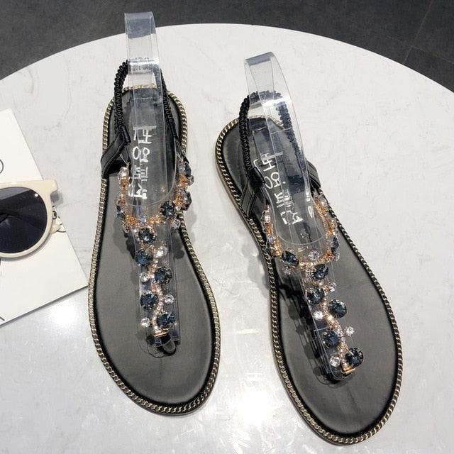 Women's Rhinestone Platform Beach Sandals - Glamorous Boho Flat Shoes