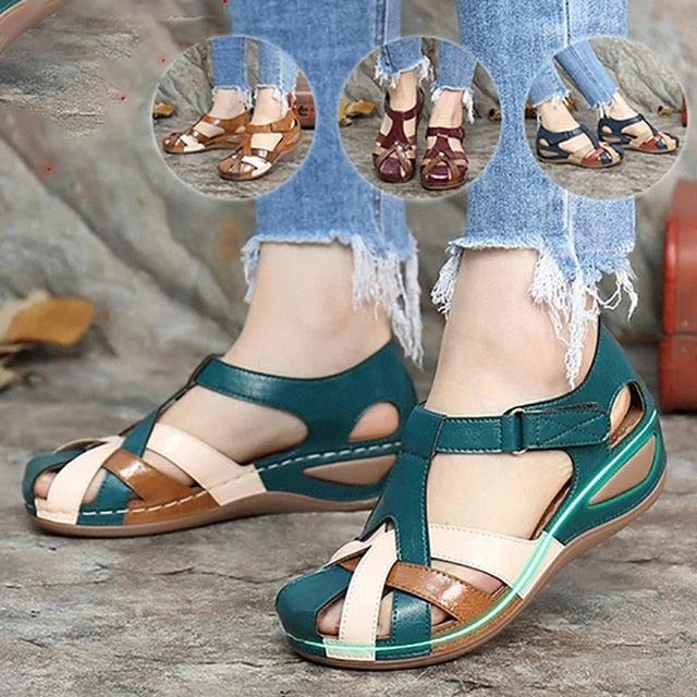 Women's Retro Leather Arch Support Sandals Waterproof Slip-On Shoes
