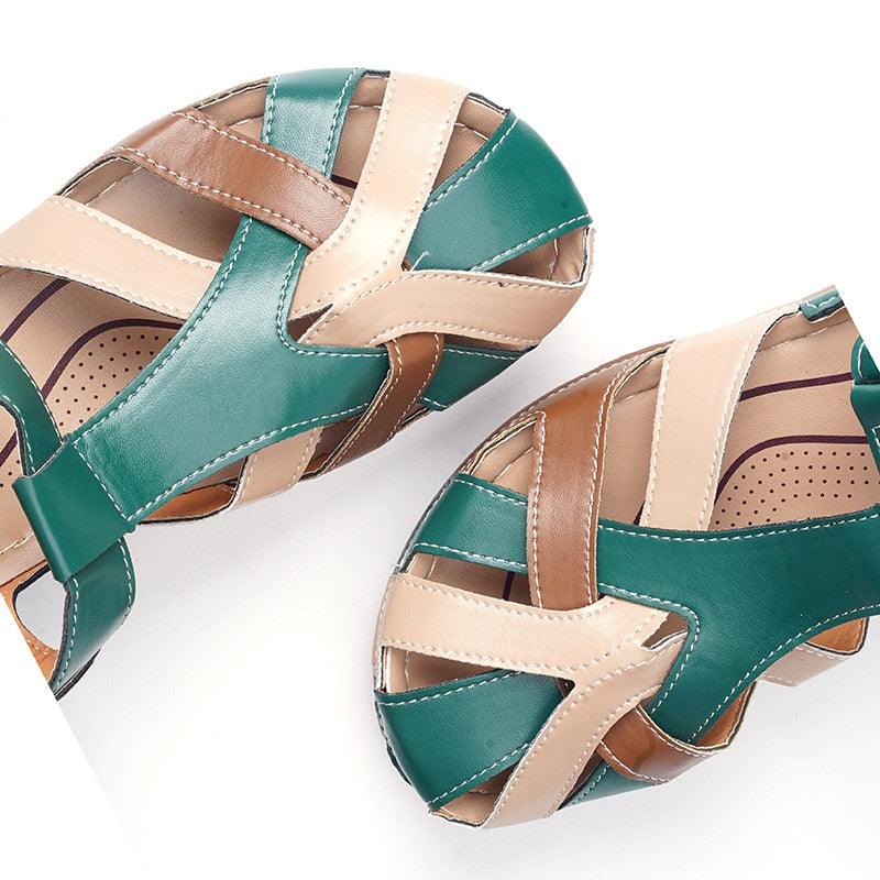 Women's Retro Leather Arch Support Sandals Waterproof Slip-On Shoes