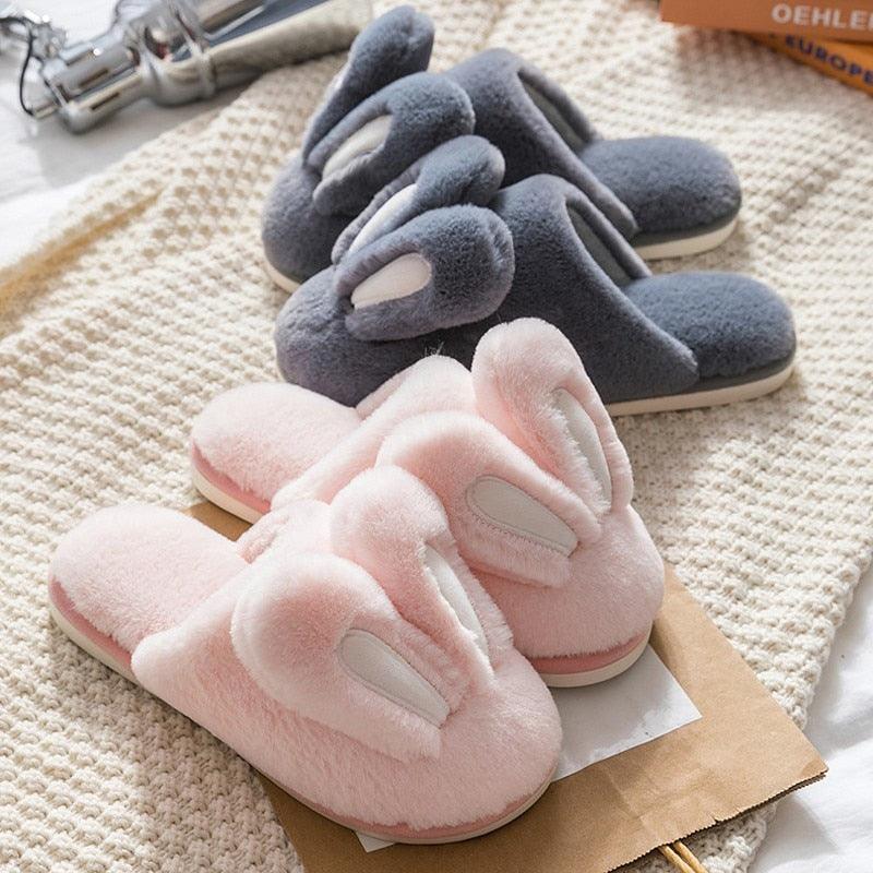 Cute Rabbit Ear Plush Slippers for Couples Soft Memory Foam House