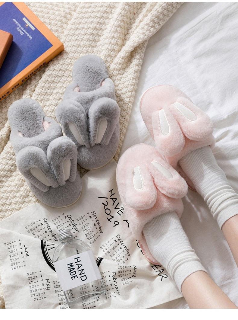 Cute Rabbit Ear Plush Slippers for Couples Soft Memory Foam House