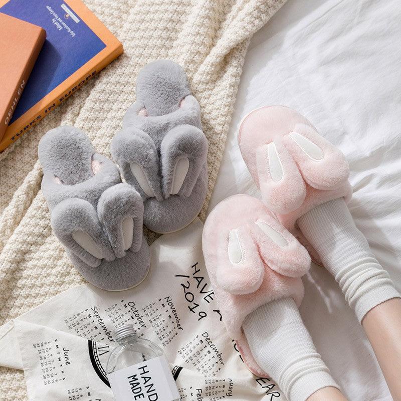 Cute Rabbit Ear Plush Slippers for Couples Soft Memory Foam House