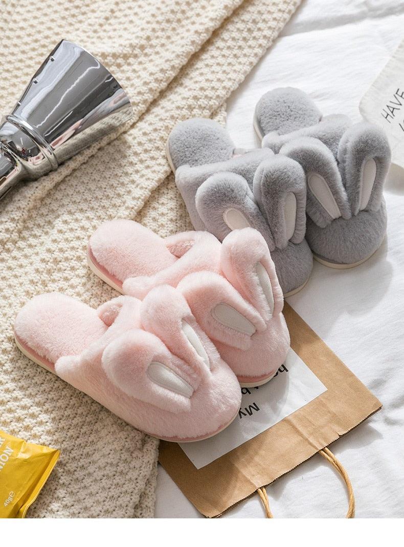 Cute Rabbit Ear Plush Slippers for Couples Soft Memory Foam House