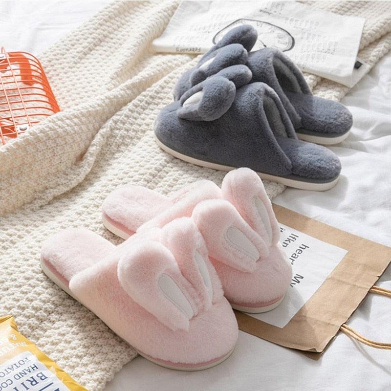 Cute Rabbit Ear Plush Slippers for Couples Soft Memory Foam House