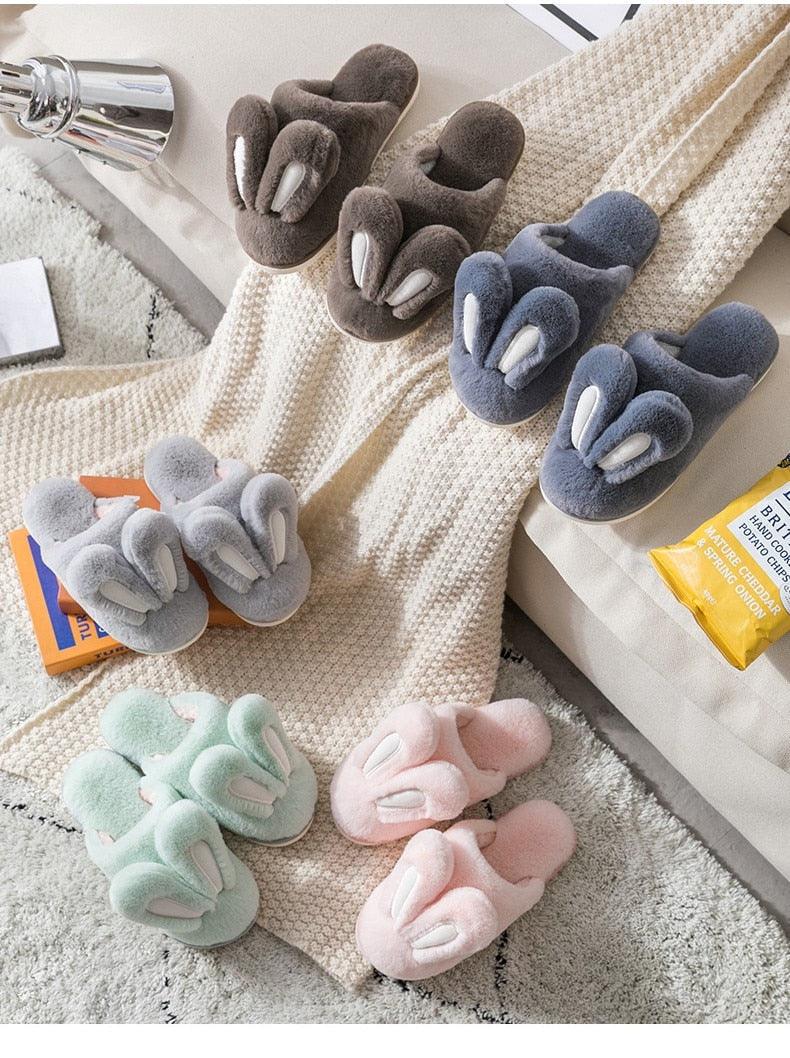 Cute Rabbit Ear Plush Slippers for Couples Soft Memory Foam House