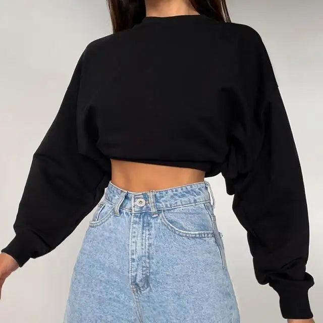 Solid Color Cropped Pullover Sweatshirt with Ribbed Cuffs