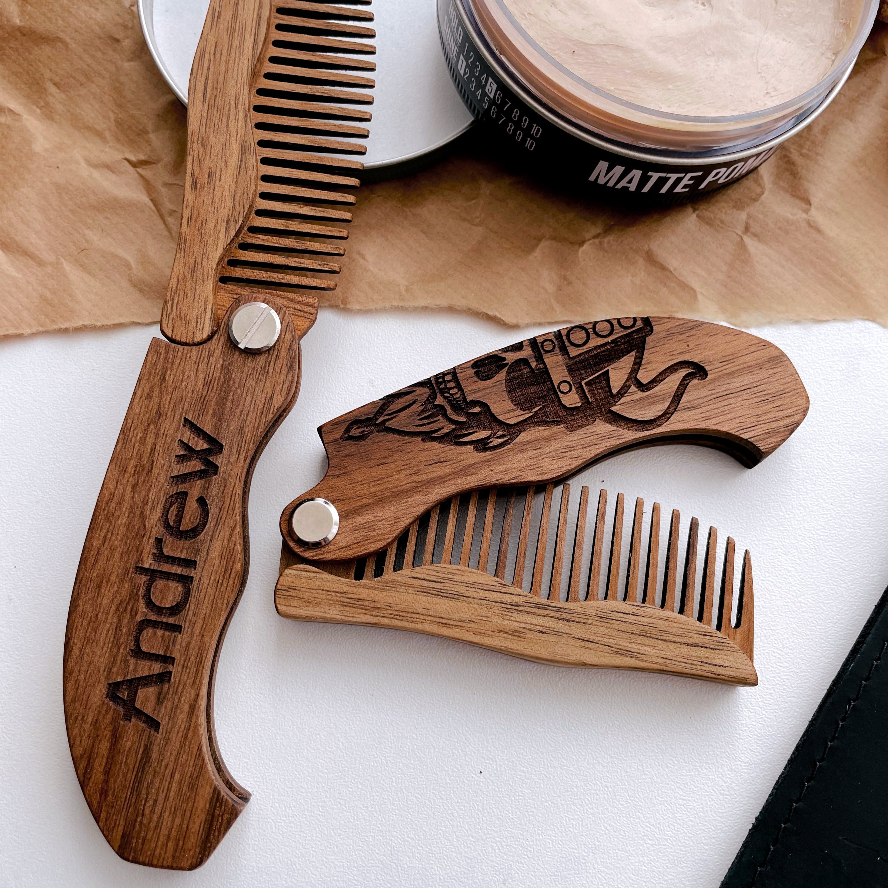 Handcrafted Wooden Beard Comb with Viking Motif for Men