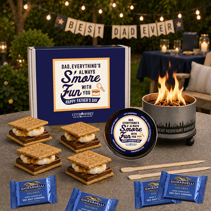 Father's Day S'mores Night Pack in navy, white, and orange metal packaging for outdoor use.