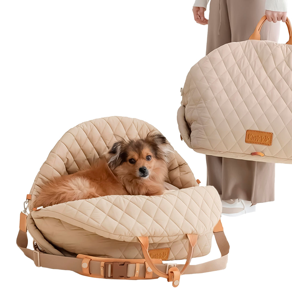 Kinkko Dog Car Seat 3-in-1 Pet Carrier and Small Dog 0-18lbs Bed with Puppy Pillow Storage Pocket Clip-On Safety Leash Waterproof Dog Bed Two Portable Handle Dog Shoulder Carrier Beige